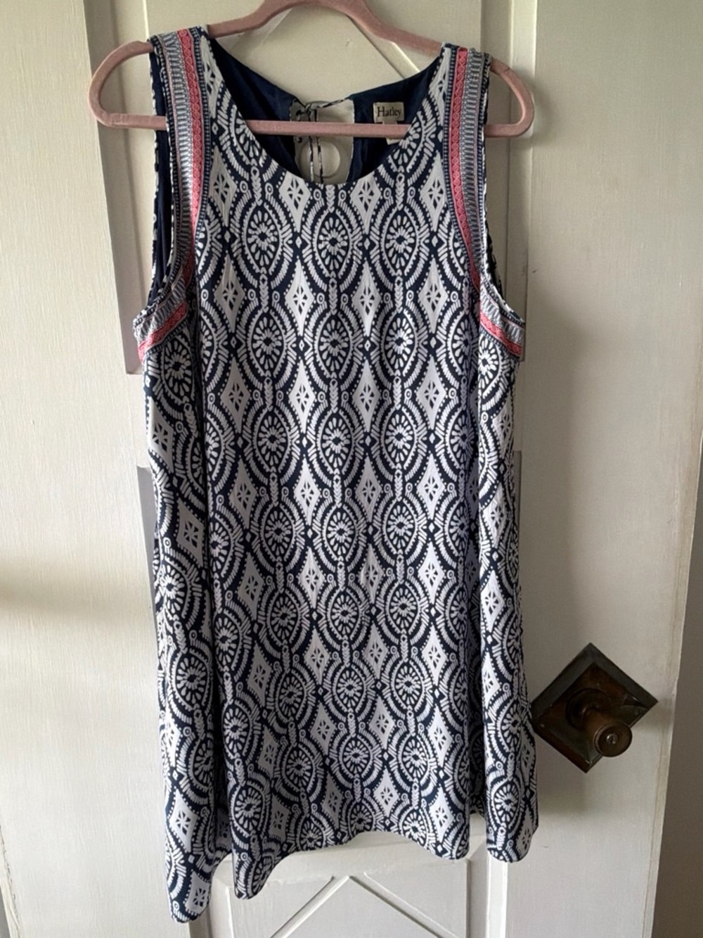 Hatley Navy and White Sleeveless Printed Mini Dress with Pink Trim